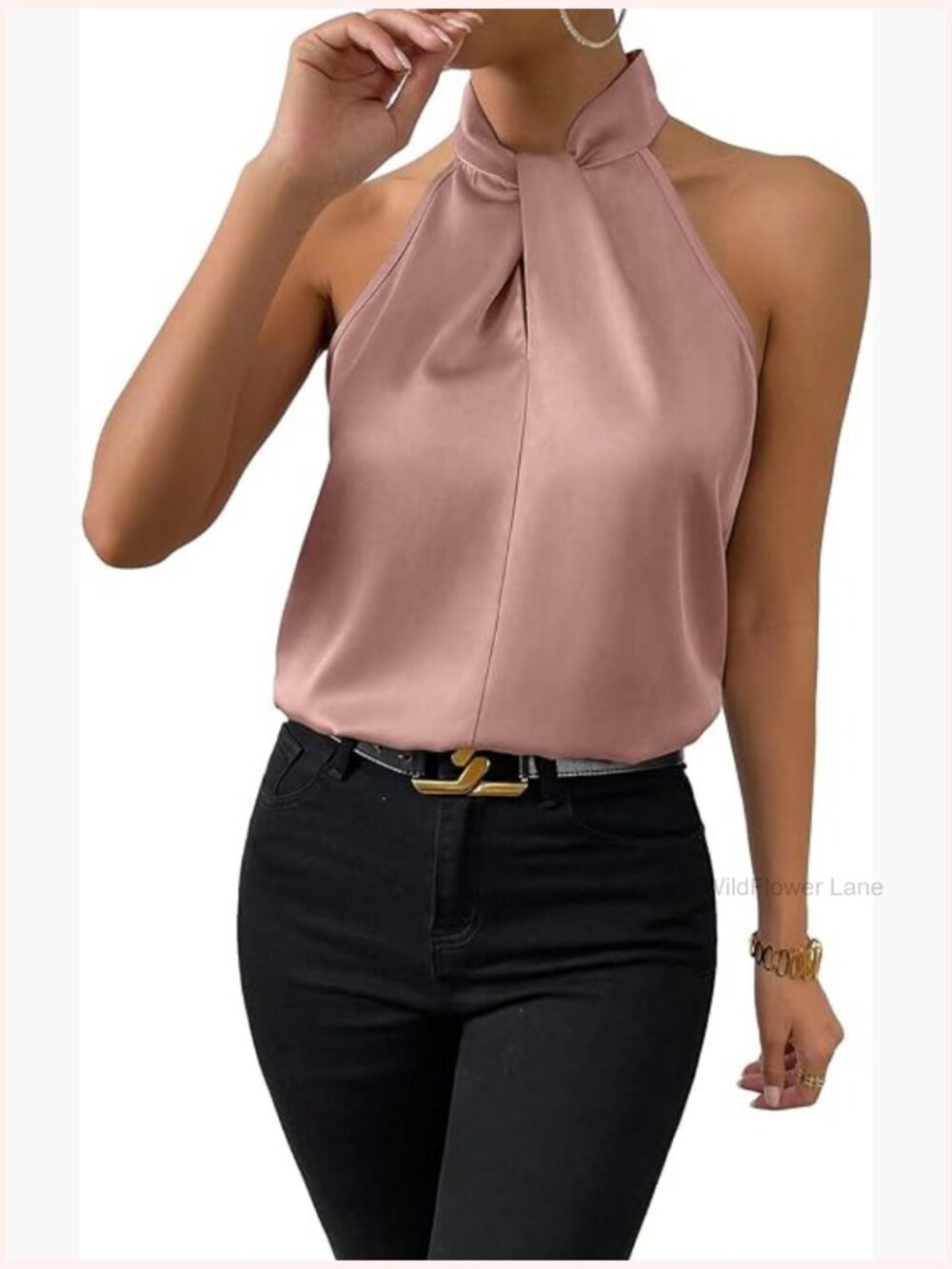 Elegant Satin Twist Front Halter Tank Top Blouse